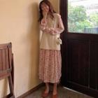 Rib Knit Vest / Floral Print Long-sleeve A-line Midi Dress