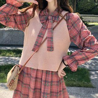 Plaid Long-sleeve A-line Dress / Knitted Vest