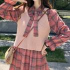 Plaid Long-sleeve A-line Dress / Knitted Vest