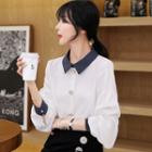 Color-block Puff-sleeve Chiffon Blouse