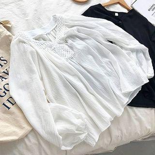 V-neck Puff-sleeve Loose-fit Top White - One Size