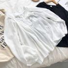 V-neck Puff-sleeve Loose-fit Top White - One Size