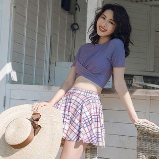 Set: Short-sleeve Shirred Swim Top + Plaid Swim Skirt