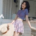 Set: Short-sleeve Shirred Swim Top + Plaid Swim Skirt