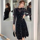 Mock Two-piece Glitter Mesh-sleeve Embroidered Dress