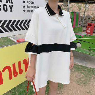 Contrast Color Cutout Elbow-sleeve Polo Shirt