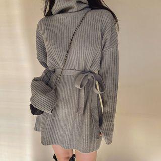 Turtle-neck Mini Knit Dress With Sash
