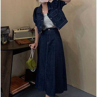 Puff-sleeve Denim Crop Shirt / Midi A-line Skirt