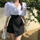 Puff-sleeve V-neck Blouse / Asymmetrical Mini Pencil Skirt