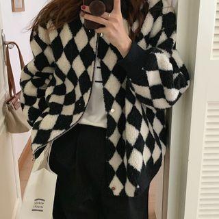 Diamond Pattern Fleece Button Jacket Milky White & Black - One Size