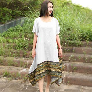 Short-sleeve Print Asymmetrical Midi Dress