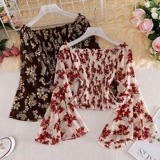 Off Shoulder Floral Pleated Long-sleeve Top