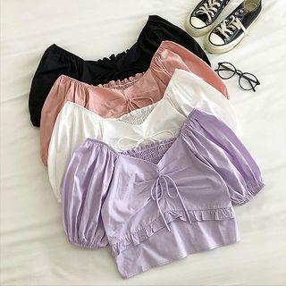 Plain V-neck Frilled Lace-up Puff-sleeve Top