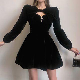 Set: Long-sleeve Crop Top + Spaghetti Strap Mini A-line Dress