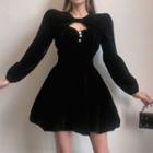 Set: Long-sleeve Crop Top + Spaghetti Strap Mini A-line Dress