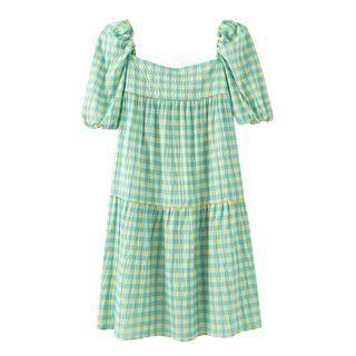 Puff-sleeve Gingham Midi Smock Dress
