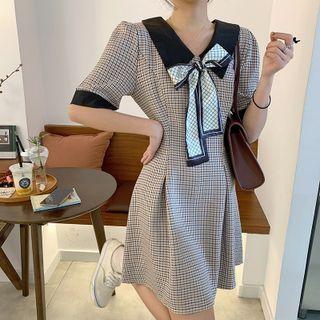 Elbow-sleeve Ribbon Plaid Mini A-line Dress