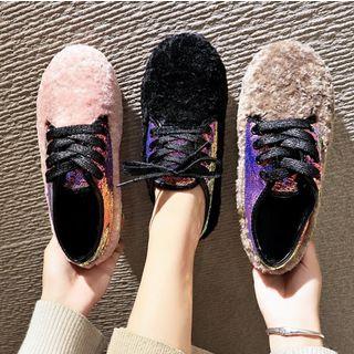 Furry Lace-up Flats