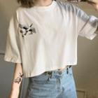 Crane Embroidered Cropped Short-sleeve Tee