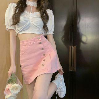 High-waist Pleated A-line Denim Mini Skirt