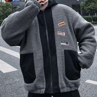 Hooded Letter Patch Color Panel Fleece Zip Jacket