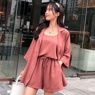 Set: Plain 3/4-sleeve Blazer + Camisole Top + Shorts