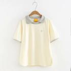 Elbow-sleeve Collared T-shirt Beige - One Size