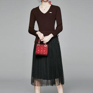 Set: Long-sleeve Knit Midi A-line Mesh Dress
