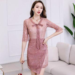 Elbow-sleeve Asymmetric Striped Mini Pencil Dress