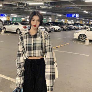 Plaid Long-sleeve Cropped Shirt As Shown In Figure - One Size