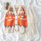 Printed V-neck Cardigan / Layered Mesh Panel A-line Skirt