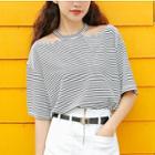 Pinstriped Elbow Sleeve Cut Out Shoulder T-shirt