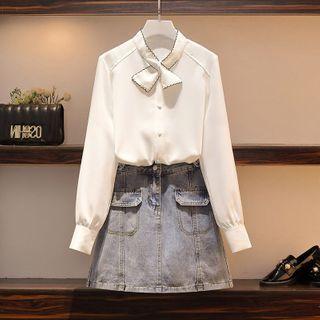 Set: Tie-neck Long-sleeve Blouse + Denim Mini A-line Skirt
