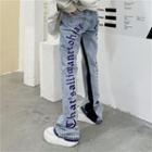 Lettering Two Tone Straight-cut Jeans