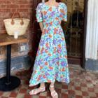 Short-sleeve Floral Print Midi A-line Dress Green & Purple & Orange - One Size