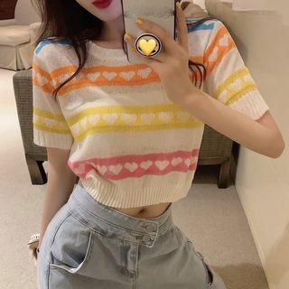 Knit Heart Print Short-sleeve Top As Shown In Figure - One Size