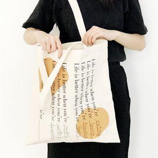 Lettering Canvas Tote Bag Lettering - Khaki - One Size