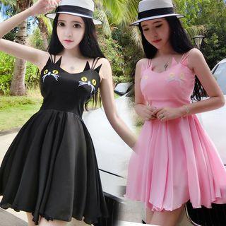 Embroidered Cat Spaghetti Strap Dress