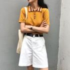 Short-sleeve Striped Polo Shirt / High-waist Shorts