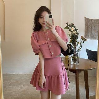 Set: Puff-sleeve Pocket Detail Cropped Blouse + Mini A-line Skirt