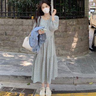 Round-neck Floral Print Dress + Panel Denim Jacket