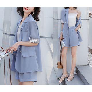 Set: Elbow-sleeve Blazer + Wide-leg Dress Shorts