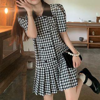Puff-sleeve Double-breasted Gingham Shirtdress
