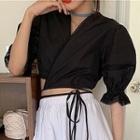 Balloon-sleeve Lace Trim Blouse / Ruffle Hem Denim A-line Skirt