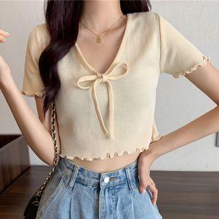 Short-sleeve Lettuce Edge Bow-front Knit Top