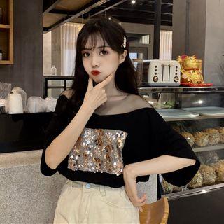 Elbow-sleeve Mesh Panel Sequin T-shirt