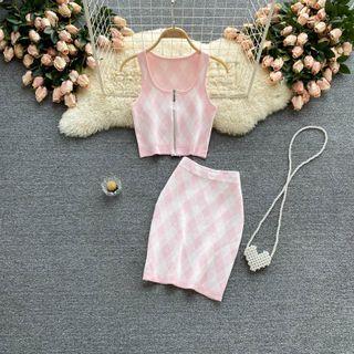 Set: Sleeveless Plaid Top + Pencil Skirt Set - Top - Pink - One Size / Pencil Skirt - Pink - One Size