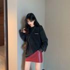 Printed Letter Long-sleeve Sweatshirt / High Waist Leather Skirt
