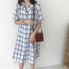 Plaid Short-sleeve Midi Shirt Dress Plaid - Blue & White - One Size