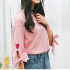 Heart Embroidered Tie-sleeve T-shirt